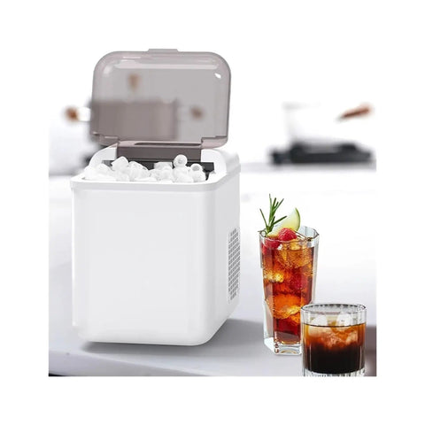 Fast Countertop Ice Maker Portable With Self Cleaning Setup Produces Crisp Cubes In Minutes, filled with ice, beside drinks.