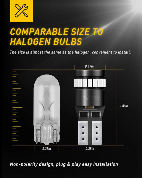 Comparison of a halogen bulb and Brilliant Red LED Car Light Set For Your Ride Two Pack 24 SMD 3014 W5W T10 12V 2W