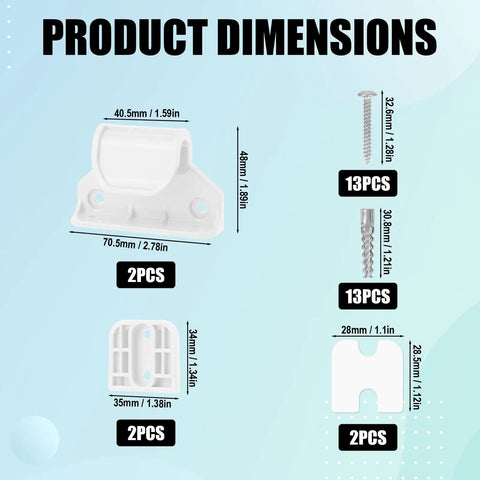 Product dimensions for Retractable Baby Safety Gate Replacement Parts Kit White showing sizes of brackets and screws.