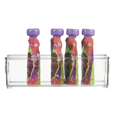 Clear stackable plastic food storage bin with easy grab handles, holding juice pouches, for kitchen pantry cabinet refrigerator and freezer.