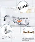 Heavy Duty Eight Inch Center Wall Mount Commercial Sink Faucet with smooth swivel spout and dual lever handles, chrome brass finish.