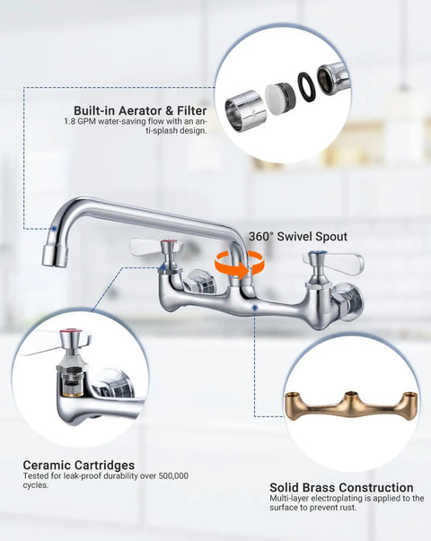 Heavy Duty Eight Inch Center Wall Mount Commercial Sink Faucet with smooth swivel spout and dual lever handles, chrome brass finish.
