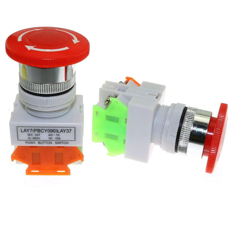 Emergency Stop Push Button Switch 660V 10A Red Mushroom Cap 1NO 1NC DPST Latching Self Lock 22mm Mount Hole