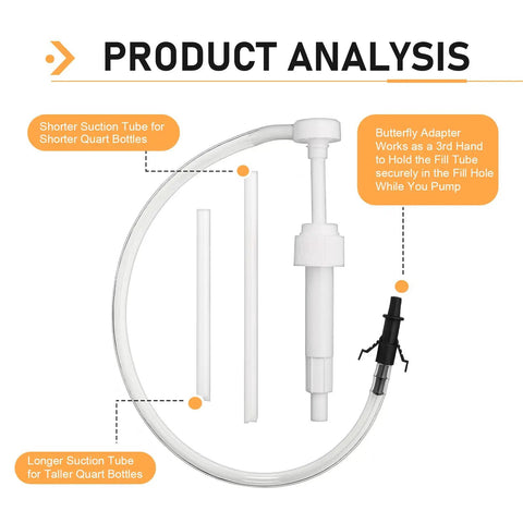 Smooth Operator Universal Transmission Fluid Pump For Quart Bottles components, including suction tubes and butterfly adapter, for efficient fluid transfer.