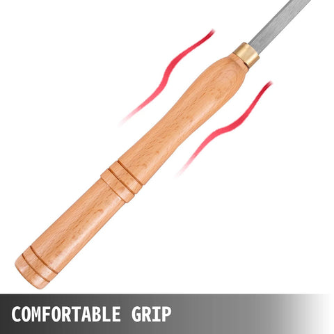Wood turning lathe tool with wooden ergonomic handle and steel blade