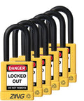 RecycLock Keyed Alike Safety Padlocks, 1.5 Inch Shackle, 1.75 Inch Body, Yellow, 6 Pack lined up with "Danger" label