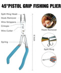 4 Piece Pistol Grip Fishing Tool Kit With 45 Degree Pliers featuring hook remover, split ring head, and non-slip grip