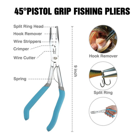 4 Piece Pistol Grip Fishing Tool Kit With 45 Degree Pliers featuring hook remover, split ring head, and non-slip grip