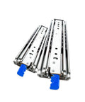 Hella Smooth Full Extension Drawer Slides With Ridiculously Strong Ball Bearings Secure Lock And Quick Tool Free Install For Kitchen Cabinets And Garage Storage Gear, side view of two slides with blue handles.