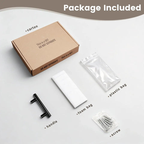 Packaging components of Six Pack Black Cabinet Pulls 5 Inch Center To Center Stainless Steel Handles including screws and foam bag.