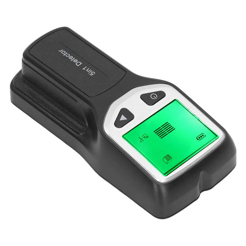 ALIESTFDNO Stud Finder Wall Scanner 5 in 1 Detector with LCD Display showing green screen, buttons, and sensor design.
