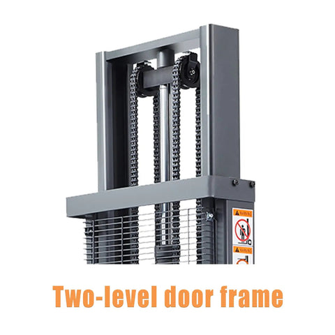 This Semi Electric Pallet Stacker Is A Total Badass For Your Warehouse. With 3300 Lbs Capacity And An Awesome 118 Inch Lift Height, It Handles Heavy Loads Like A Champ. The straddle legs provide epic stability while you toss those pallets around. Two-level door frame design enhances stability for heavy lifting.