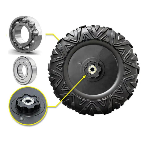 Two Pack 13 Inch EVA Solid Tire Set For Ride On Cars And SUVs Alligator Tire Tread Upgrade With 1.2 Cm Aperture Front And Rear Wheels Replacement Parts For Cars SUVs UTV ATVs And Motorcycles, showing detailed view and bearings.