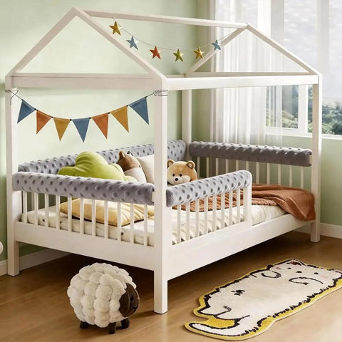 Toddlers Bed Rail Protector Easy Install Safe Guardrail Padding Cushioned Barrier Anti Collision Design 3pc Gray on white bed