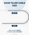 Diagram showing 53630 Tiller Cable Replacement size with 49 inch cable length and 44.3 inch conduit length for Rear Tine Tillers.