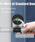 Smart Fingerprint Door Lock With Keyless Entry, WiFi And Bluetooth, Reversible Handle on a blue door, showing ease of use