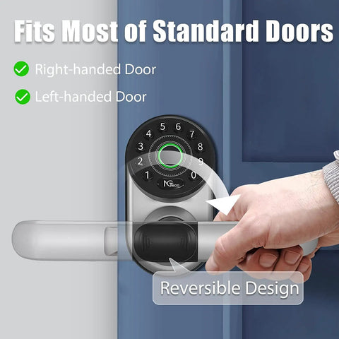 Smart Fingerprint Door Lock With Keyless Entry, WiFi And Bluetooth, Reversible Handle on a blue door, showing ease of use