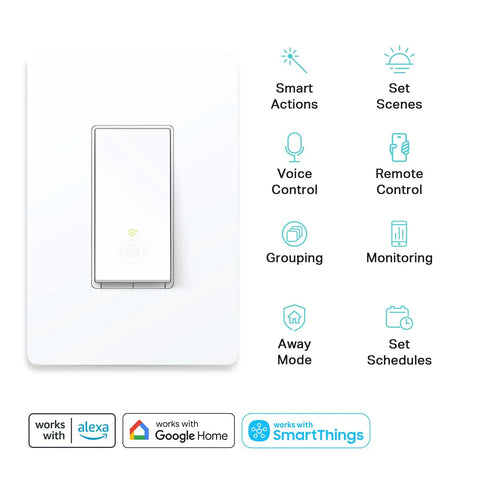 Three Way Smart Light Switch Kit With Neutral Wire, 2.4GHz WiFi, Works With Alexa And Google Home, UL Listed, No Hub Needed, White, Two Pack, showing features like voice control and smart actions.