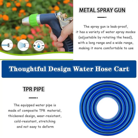 Heavy Duty Garden Hose Reel Cart With Smooth Rolling Wheels, Ergonomic Design Helps You Wind Pipes No Sweat, spacious TPR pipe and metal spray gun.