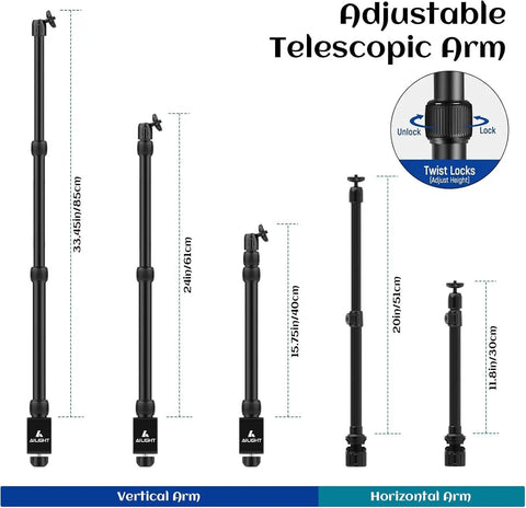 Overhead Desk Camera Mount Rig With 15.75 To 33.45 Inch Telescoping Boom C Clamp Swiveling Ball Head Fits DSLR, size comparison