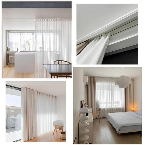 Heavy Duty Dual Aluminum Sliding Door Track With Hella Smooth Gliding Rails For Ceiling Mounted Barn Door Hardware Built Tough To Level Up Your Dope Home Setup In Brown with curtains and living spaces.
