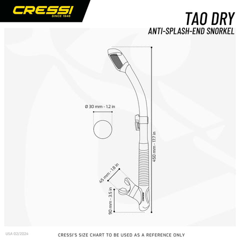 Tao Dry Snorkel With Dry-Top Valve, Flexible Lower Bore For Less Jaw Fatigue, diagram with size measurements