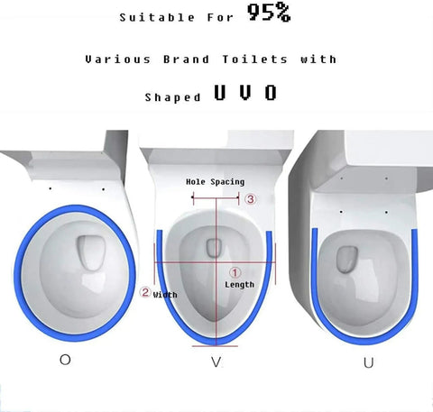 Slick Transparent Dolphin Toilet Seat Featuring Smooth Glide Soft Close Lid Cover And Built In Led Night Light Total Bathroom Game Changer Heavy Duty Crystal Resin Easy Install No Fuss Space Upgrade toilet shapes image with measurements for O, V, U styles.