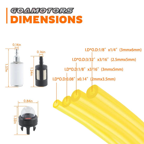 Dimensions of 4 Sizes 16 Feet Fuel Line Hose Kit For Zama Stihl Poulan Craftsman Husqvarna Trimmers Chainsaws And Blowers