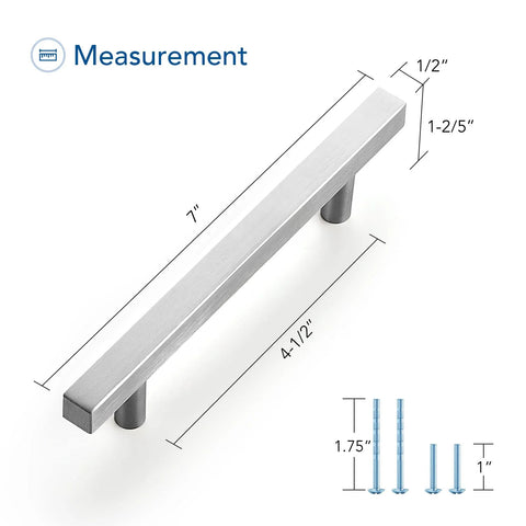 Measurement diagram of Brushed Nickel Cabinet Handles Set Of 10 Square Pulls 4-1/2 Inch Center To Center with screw sizing