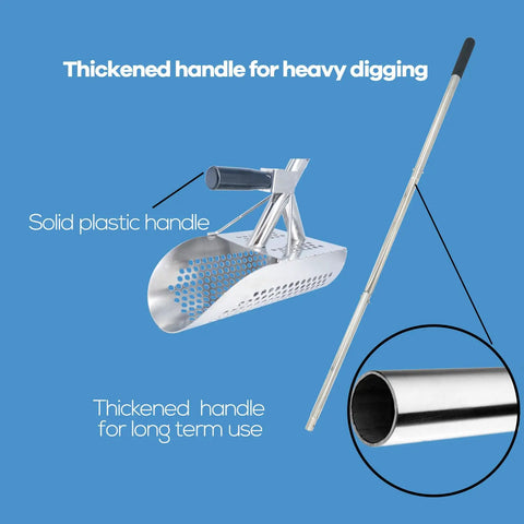 Heavy Duty Sand Scoop For Metal Detecting With Long Handle Stainless Steel Detector Shovel for Beach Treasure Hunting, handle detail