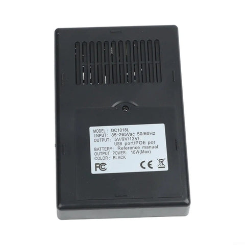 Premium Adjustable DC Ups Battery Backup For Home Routers Modems And Security Cameras With Smart Chip Management, back view showing specs.