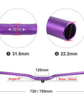 Diagram of MTB 31.8mm Riser Handlebar Extra Long 720mm/780mm Aluminum Alloy with measurements and angles