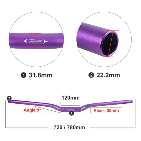 Diagram of MTB 31.8mm Riser Handlebar Extra Long 720mm/780mm Aluminum Alloy with measurements and angles