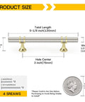 Diagram showing dimensions of 10 Pack Brushed Nickel And Gold Cabinet Pulls 3 Inch Hole Centers 76mm, 5 Inch Overall Length 128mm Zinc Alloy Kitchen Cabinet Handles.