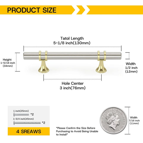 Diagram showing dimensions of 10 Pack Brushed Nickel And Gold Cabinet Pulls 3 Inch Hole Centers 76mm, 5 Inch Overall Length 128mm Zinc Alloy Kitchen Cabinet Handles.