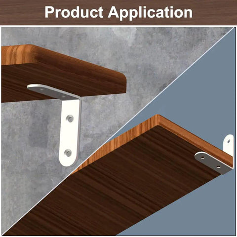 16 Piece Beefy White 2.5 Inch L Brackets For Wood Shelves holding wooden shelves against a concrete wall.