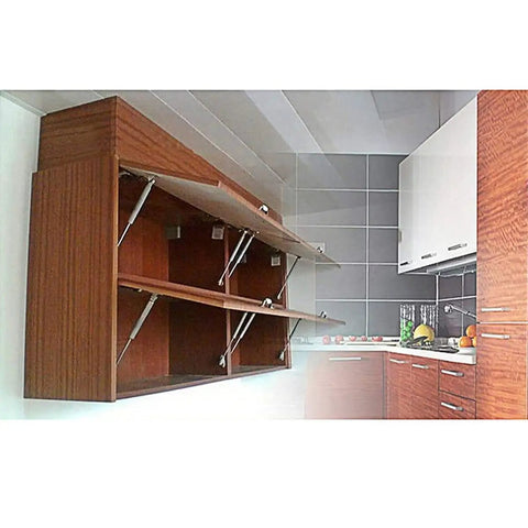 Beefy 30N hydraulic cabinet lift supports installed in kitchen cabinet with soft close lid and metal head gas spring action, 11.4 inch length.