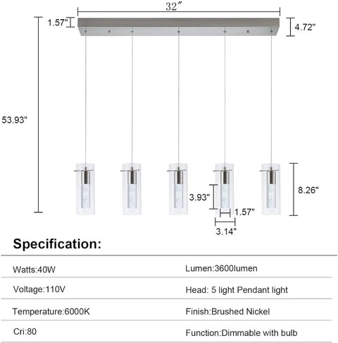 Brushed Nickel 5 Light Pendant Fixture Set For Kitchen Island, Dimmable 40W 3400 Lumen Super Sleek Modern Pendant Lights dimensions