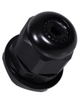 Heavy Duty Nylon Cable Glands With Tough As Nails Ip68 Sealing and Grip Tight Adjustable Strain Relief Cord Locks, black, angled view.