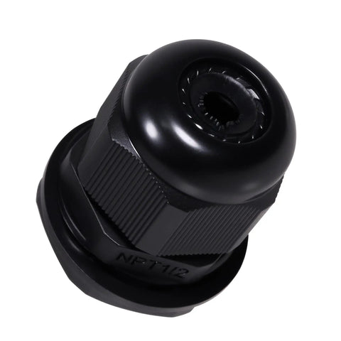 Heavy Duty Nylon Cable Glands With Tough As Nails Ip68 Sealing and Grip Tight Adjustable Strain Relief Cord Locks, black, angled view.