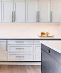 Kitchen cabinets with 10 Pack 6 Inch Brushed Satin Nickel Cabinet Pulls Durable Solid Zinc Alloy Round Cabinet Hardware installed.