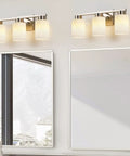 Heavy Duty 3 Light Bathroom Vanity Lights Brushed Nickel Wall Sconce With Striking White Marble Glass Shade above mirror.