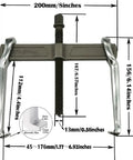 Two Jaw Gear Puller 8 Inch Heavy Duty Claw Puller For Removal Of Pulleys Flywheels And Bearings, shown with dimensions and dual claws.