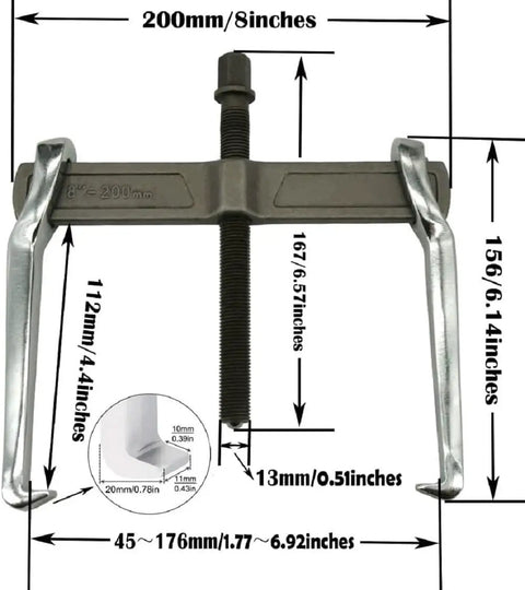 Two Jaw Gear Puller 8 Inch Heavy Duty Claw Puller For Removal Of Pulleys Flywheels And Bearings, shown with dimensions and dual claws.