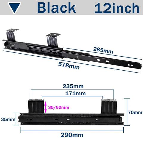 Heavy Duty Drawer Slides With Full Extension And Ball Bearings Three Fold Design Adjustable 24 To 29 Cm, black 12 inch, 285mm