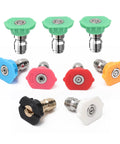 Nine-pack pressure washer nozzle tips with 1/4-inch quick-connect fittings; color-coded tips in green, blue, pink, red, orange, black, and white.