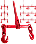 Ten Pack Ratchet Chain Binders For Secure Tie Downs, Fits One Quarter Inch Grade 70 And Five Sixteenth Inch Grade 43 Chain, 3150 Lbs Working Load Limit, Red Finish, Two Grab Hooks Per Binder