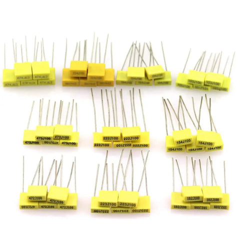 240 Piece Film Box Capacitor Kit With 24 Values Polyester Box Capacitors From 1nF To 1uF MKT PET 63V-100V in array display
