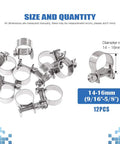 12 Pack Stainless Steel Mini Heavy Duty Fuel Injection Hose Clamps Set 14 To 16 mm Diameter Adjustable Pipe Clip Tubing Clamps 9 Sixteenths To Five Eighths Inch Ideal For Automotive And DIY Projects displayed on a white background.