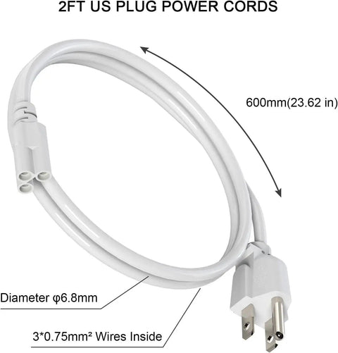 2ft LED Tube Light Power Cord with 3 Prong US Plug, white extension cable for T8 and T5 integrated fixtures, coiled view.